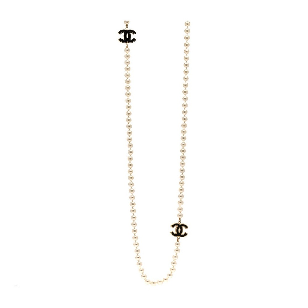 Chanel Pearl Beaded Resin CC Long Necklace in Black and Gold